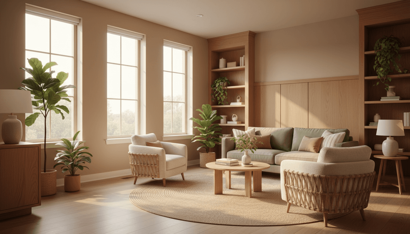 Warm and inviting therapy office interior with natural light and comfortable seating