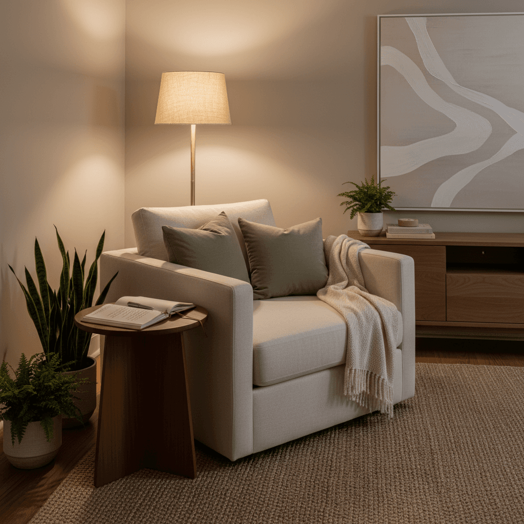 Warm and inviting therapy office interior with natural light and comfortable seating