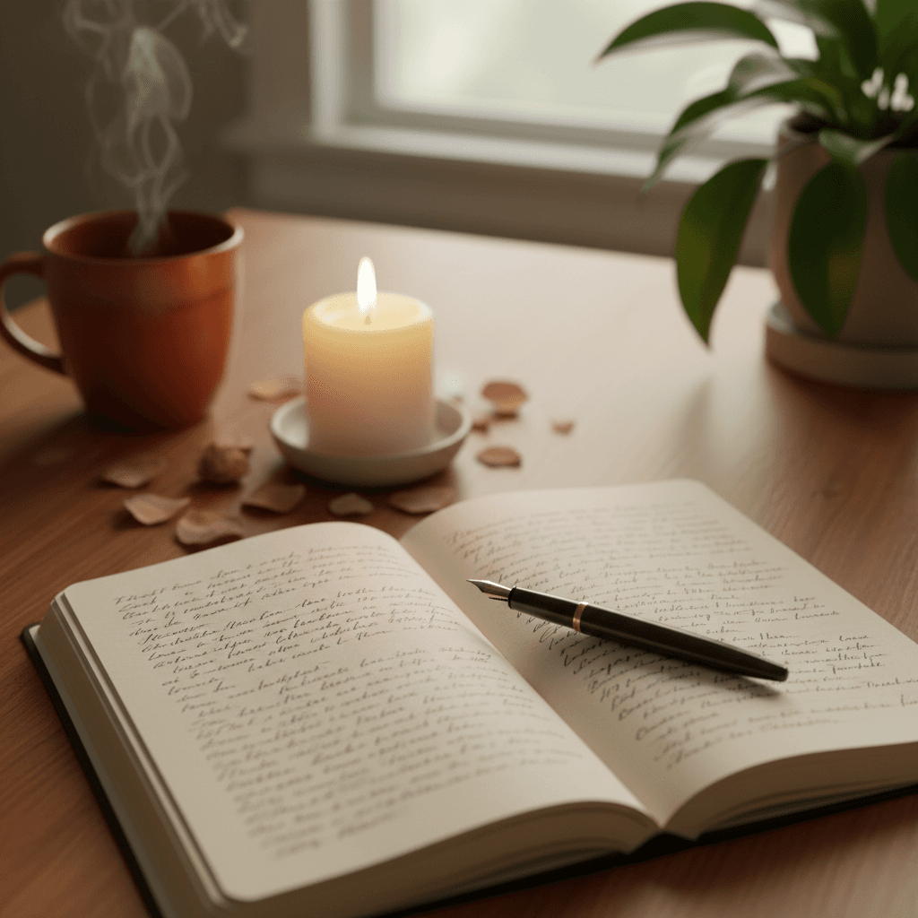 Soft, candlelit aesthetic detail shot of an open journal with a pen resting on the page