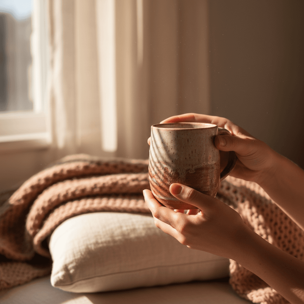 Hands holding warm mug in peaceful moment