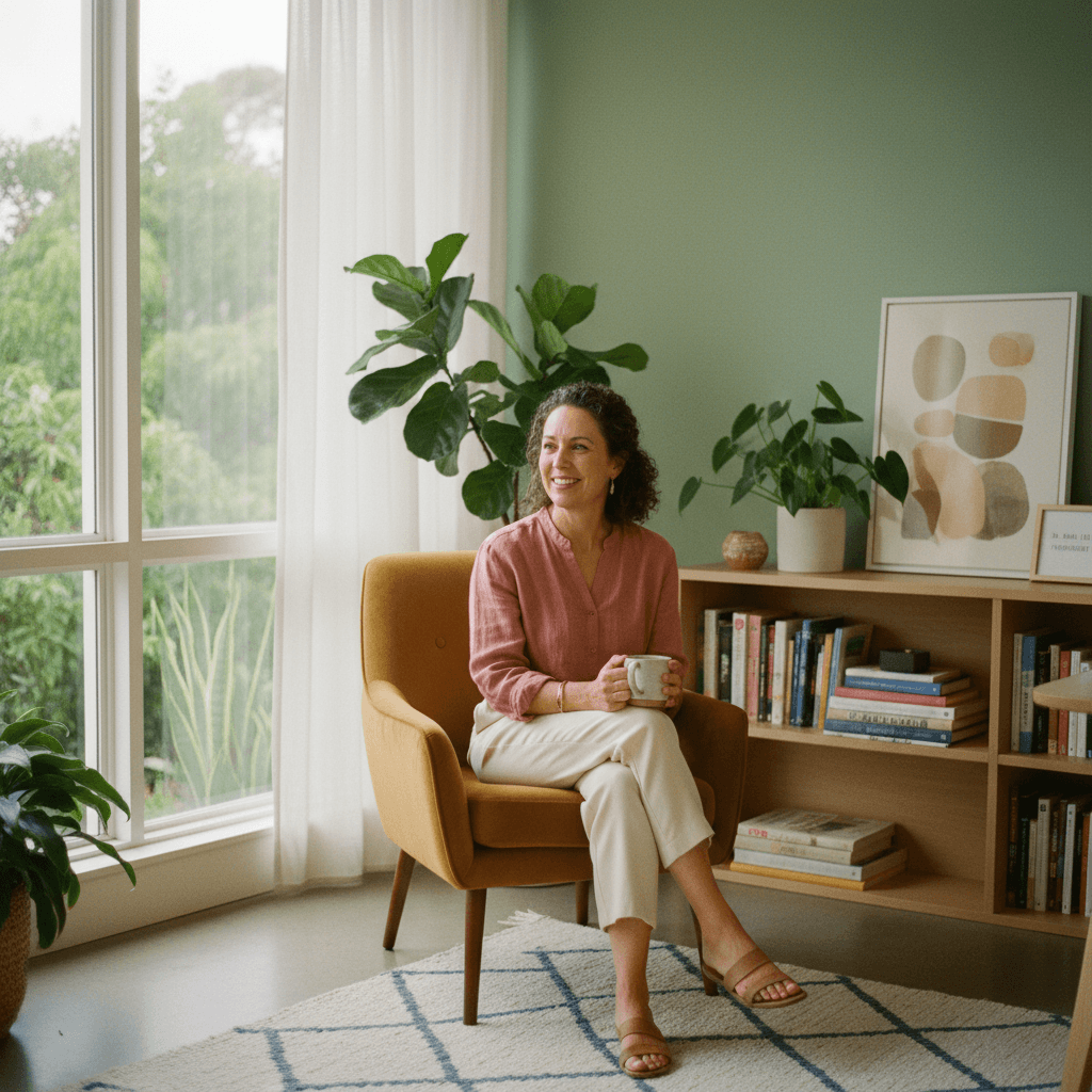 Warm therapy room corner with natural light