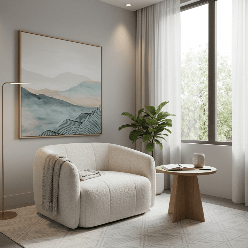 Modern therapy room with a comfortable chair, table, notepad, and warm ambient lighting