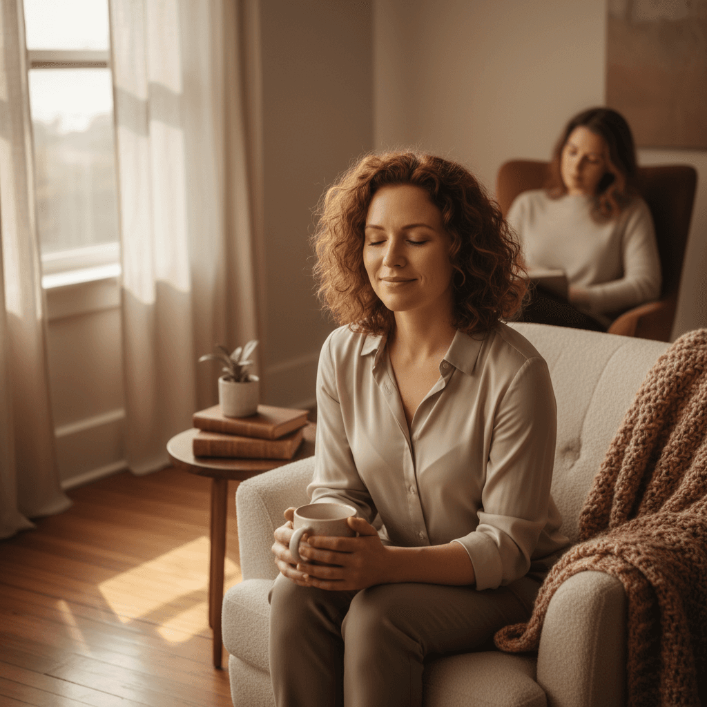 Woman in therapy session in warm, welcoming space