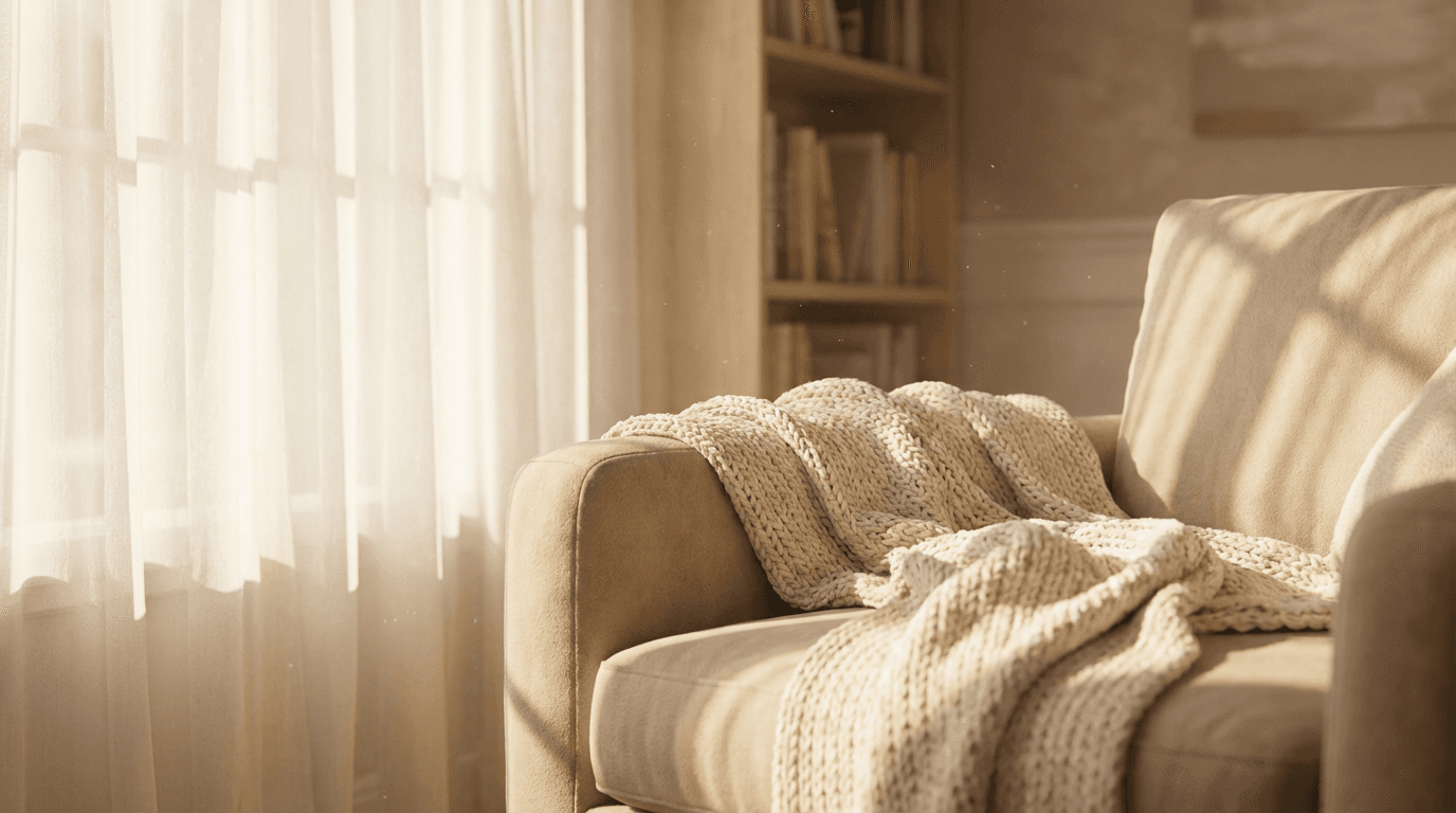 Sunlit blanket texture with morning light and floating dust motes creating a warm, peaceful home interior atmosphere.
